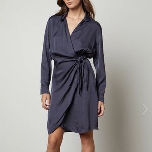 VELVET Navy blue JUNI surplice long sleeve satin wrap midi dress size M